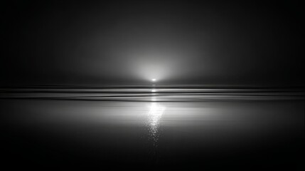 Long exposure black and white ocean at night with abstract light beams in the sky, smooth gray gradients on dark background, calm tranquil minimalist seascape.