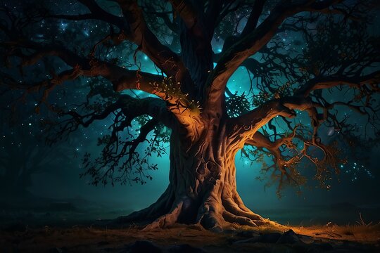 Ancient mystical tree with glowing light in a dark enchanted forest