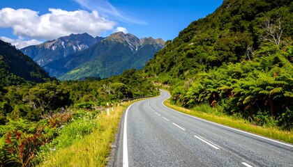 Naklejka premium A scenic mountain road winds through lush greenery, showcasing a vibrant natural landscape under a clear blue sky.