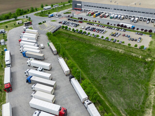 Truck parking at the logistics center. Aerial view.