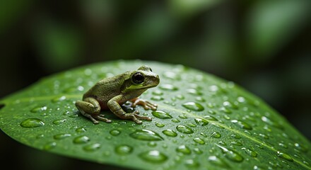 Obraz premium Green Frog Resting on a Leaf Covered in Fresh Raindrops