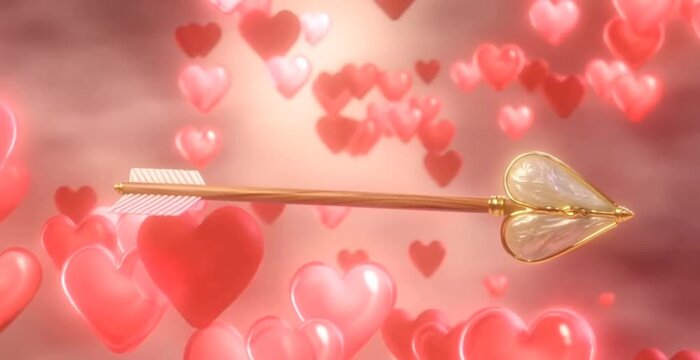 Cupids arrow flying through a cloud of pink hearts