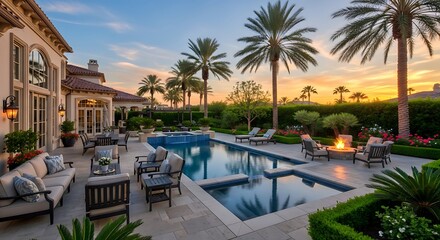 Obraz premium A luxurious backyard oasis featuring a stunning pool, comfortable seating, and lush landscaping, perfect for relaxation and entertaining in a beautiful outdoor setting at sunset