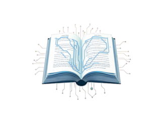 A digital open book illustrating the flow of information and knowledge within a technological network