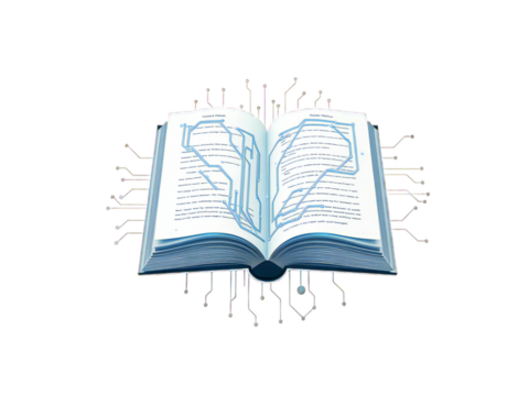 A digital open book illustrating the flow of information and knowledge within a technological network