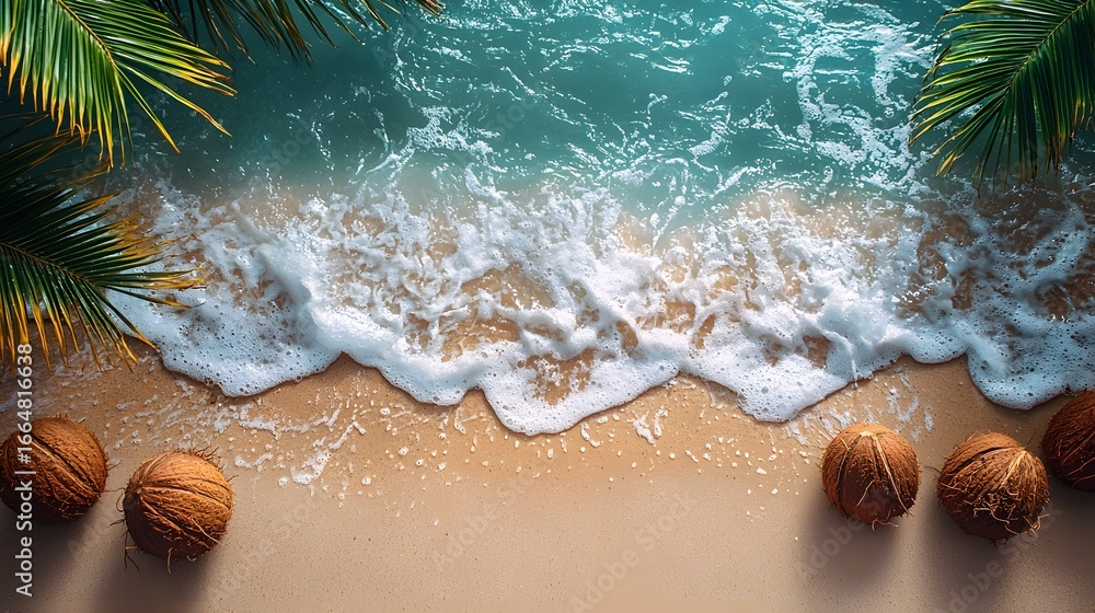 Poster serene beach with crashing waves and coconuts