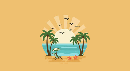 A tranquil tropical beach scene unfolds under a radiant sun with a gentle sea breeze and scattered seabirds overhead perfect for a relaxing summer getaway