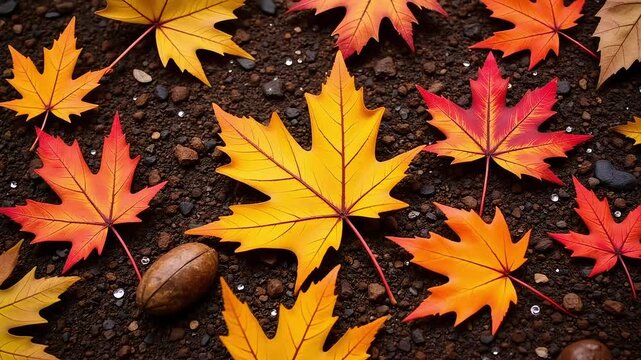 Autumn maple leaves on dark forest ground, vibrant orange and red fall foliage, seasonal nature background with dry soil and pebbles