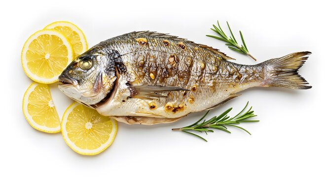 Whole grilled sea bream fish with lemon slices and rosemary isolated on white background