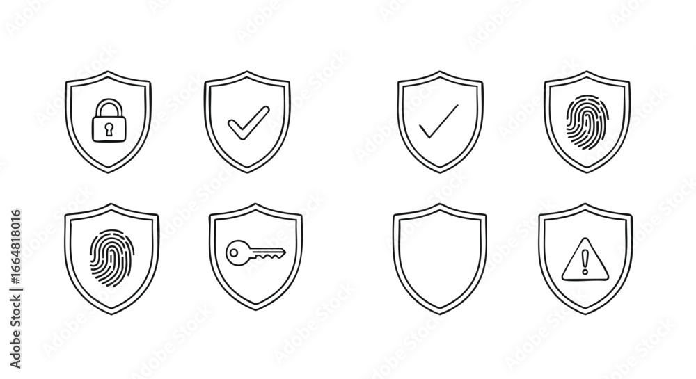 Poster security shield icon set featuring authentication, encryption, and warning symbols, representing dif