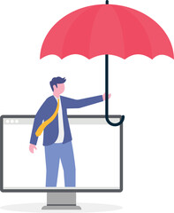 Flat illustration of man holds shield on computer laptop protecting against cyber security attack

