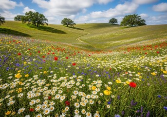 Fototapeta premium Field of colorful flowers and dandelions in a sunny meadow