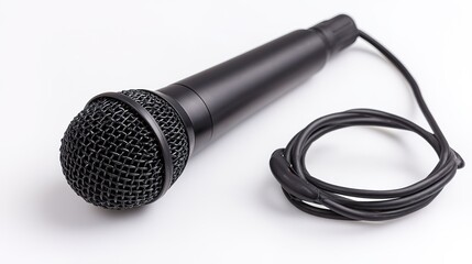 Professional microphone with XLR connection isolated on white, showcasing studio lighting details.