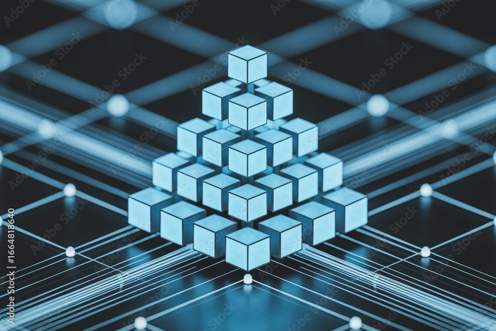 Aufkleber abstract technology background with blue cubes pyramid and network connection lines design concept