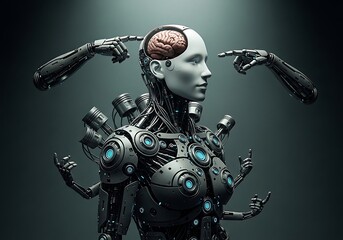 Naklejka premium Two robotic arms extend their fingers to touch the head of a humanoid robot that reveals a human brain, illustrating a fusion of artificial and biological intelligence