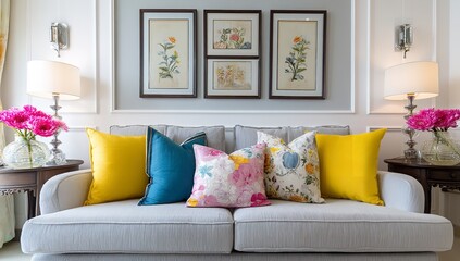 Modern living room with sofa, colorful cushions, pink floral vases, picture frame on white wall, and sunlight-filled space creating cheerful, inviting ambiance