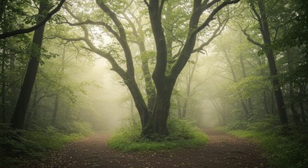 Fototapeta premium Mystical forest path with atmospheric fog and lush green trees, evokes peace and serenity