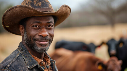A smiling African American man in a cowboy hat and jacket stands in a field with cattle.