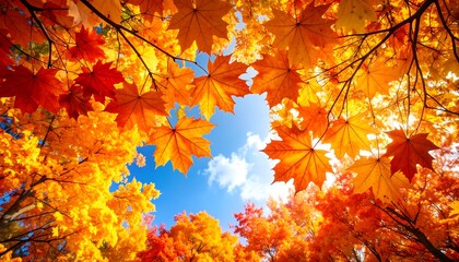 Vibrant autumn foliage fills the frame, showcasing a canopy of fiery reds and golden oranges against a bright blue sky.