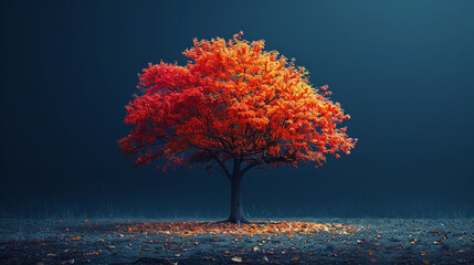 A solitary, vibrant orange-red autumn tree stands majestically in a dark, misty landscape, bathed in soft light.