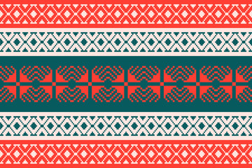Seamless Nordic Christmas textile pattern with traditional geometric ornaments in pixel art style. Red and green knitted background inspired by Scandinavian folk embroidery, perfect for holiday decor