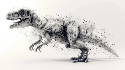 A stylized illustration of a T-Rex, rendered in grayscale, with a network of interconnected points and lines forming a complex, abstract design overlaying its form.