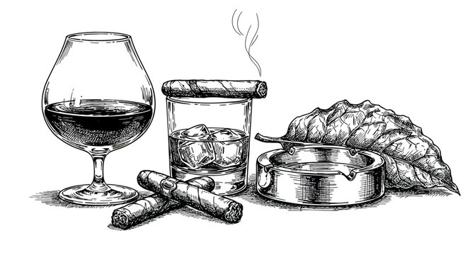 A sophisticated evening enjoying a fine alcoholic beverage a premium cigar and the rich aroma of tobacco leaves with a simple ash tray for relaxation and contemplation