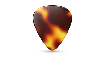 Close-up view of a tortoiseshell patterned guitar pick against a white background.