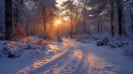 sunrise in winter forest