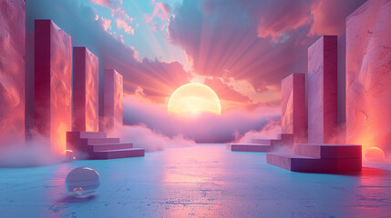A surreal, vibrant sunset scene with pastel-colored, geometric structures and a large orb sun.  Soft light and clouds create a dreamy atmosphere.