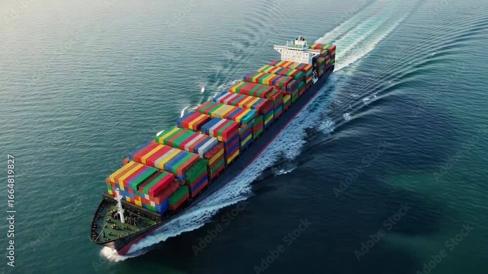 Aufkleber aerial view of a large container ship sailing on the ocean with colorful cargo containers stacked hi