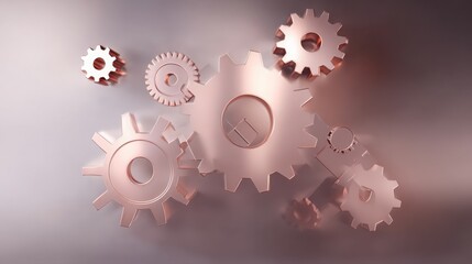 Abstract mechanical gears in metallic tones, minimalist geometric shapes on gradient background, conceptual technology theme.