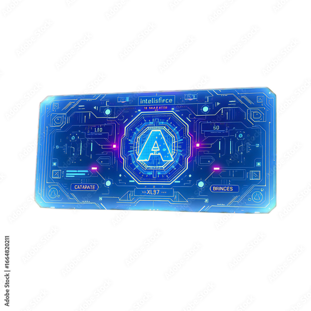 Poster futuristic blue glowing hud interface element with a digital letter a, representing artificial intel