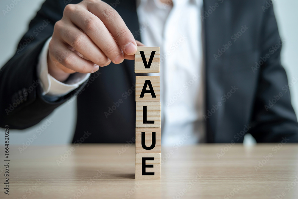 Poster business value creation concept building value with wooden blocks for growth and success strategy