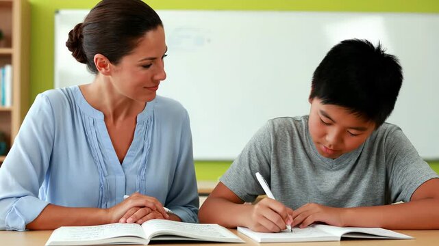 Teacher Guides Student in Classroom: Focused Learning and Positive Interaction