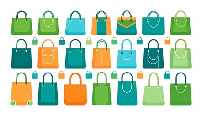 Colorful shopping bags in various shades of teal, orange, and green, displayed in a geometric pattern against a white background.