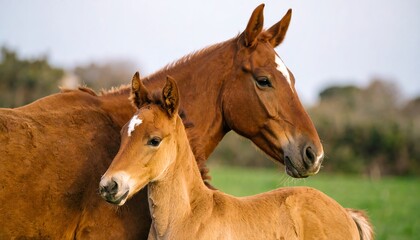 Obraz premium A close-up view of a nurturing horse and its young foal, bathed in soft light against a backdrop of a grassy field.