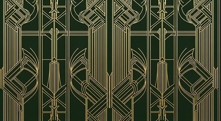 An art deco pattern with golden geometric shapes on a dark green background, reminiscent of the roaring twenties and the great gatsby era, exuding luxury, elegance, and vintage charm