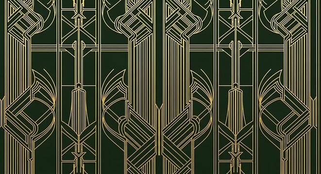 An art deco pattern with golden geometric shapes on a dark green background, reminiscent of the roaring twenties and the great gatsby era, exuding luxury, elegance, and vintage charm