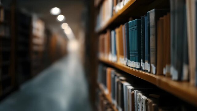 Serene library aisle lined with orderly book shelves
