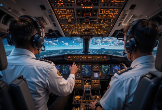 Un piloto y un copiloto ajustan los controles dentro de la cabina de un avi&oacute;n moderno con pantallas de navegaci&oacute;n e instrumentos brillantes
