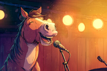 Horse in singing a  microphone 