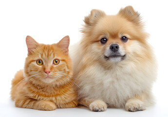 Obraz premium orange cat and spitz dog together. looking at camera. isolated