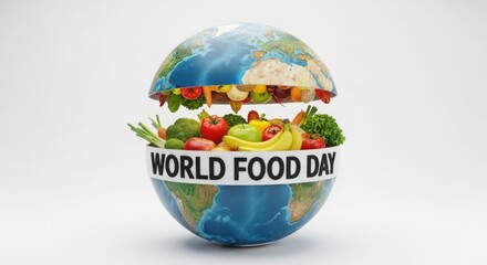 World food day celebration with the earth split open to reveal fresh fruits and vegetables, isolated on white background