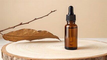 Fototapeta premium Amber glass dropper bottle with natural dried leaf and branch on a wooden slice against a neutral background