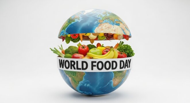World food day celebration with the earth split open to reveal fresh fruits and vegetables, isolated on white background