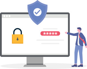 Flat illustration of developer reviewing security code on laptop with encryption symbols hovering
