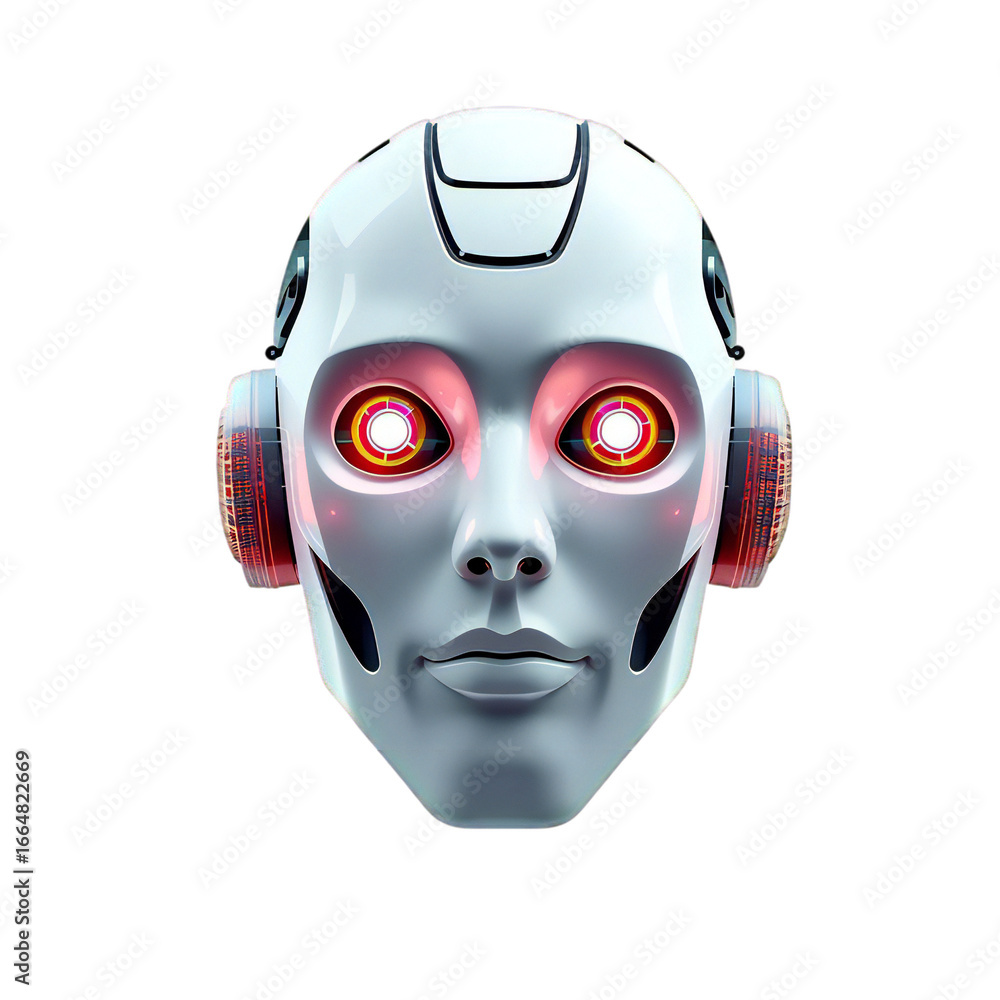 Poster close-up portrait of a futuristic robot head with glowing red eyes and metallic accents, symbolizing