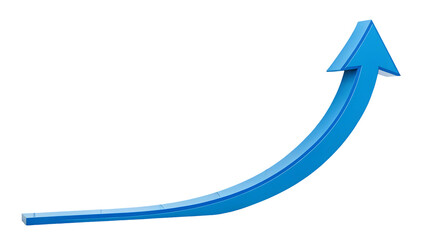 blue curved arrow graph isolated on white background or isolated on transparent background, cut out PNG