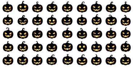 A Spooky Collection of Pixelated Jack-o'-Lantern Faces Glowing with an Eerie Yellow Light Perfect for Halloween Decorations and Themed Events